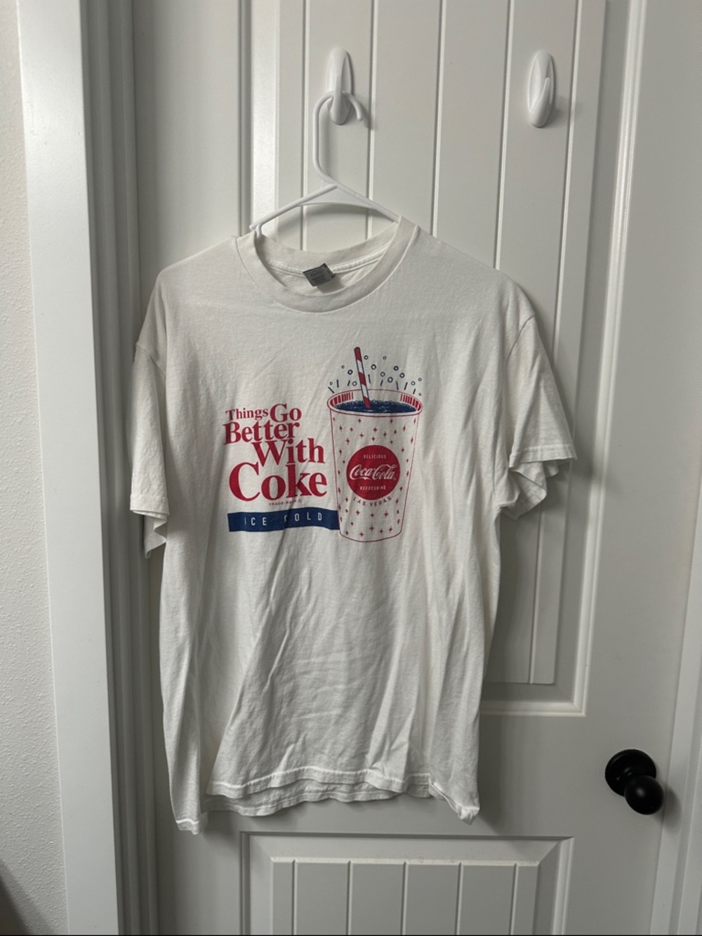 Coca-Cola White Tee with Red and Blue Graphic Cup